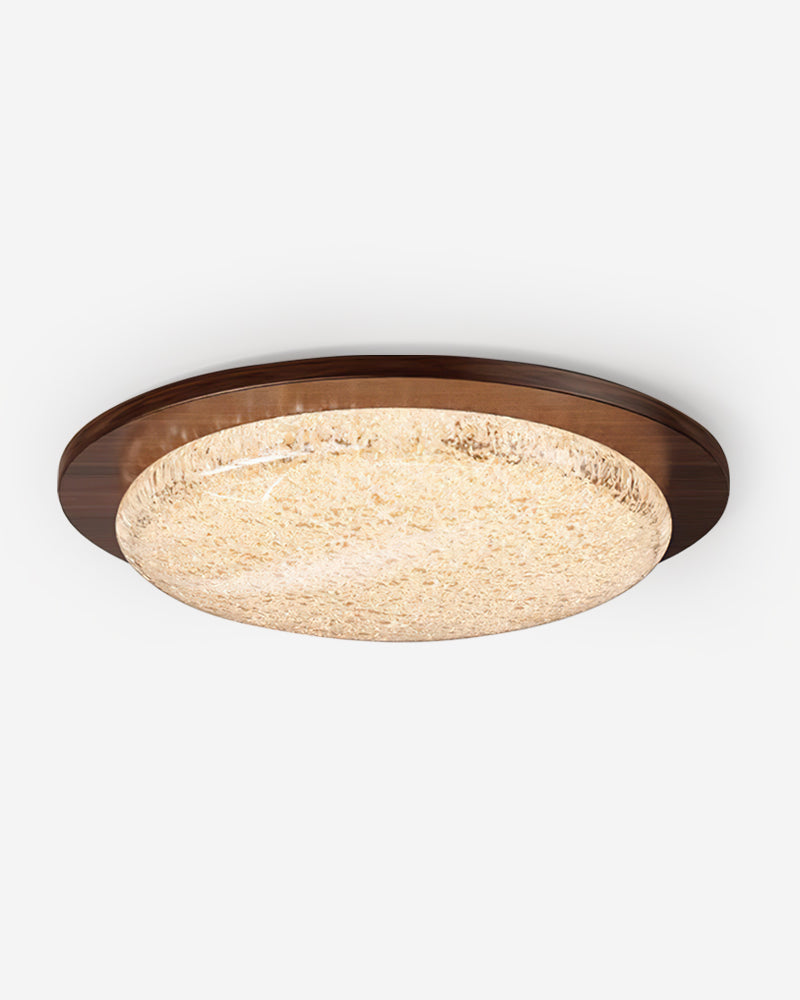 Modern flush mount ceiling light NIVE No.01 in Walnut Brown, textured ice resin disc glowing inside a walnut ring