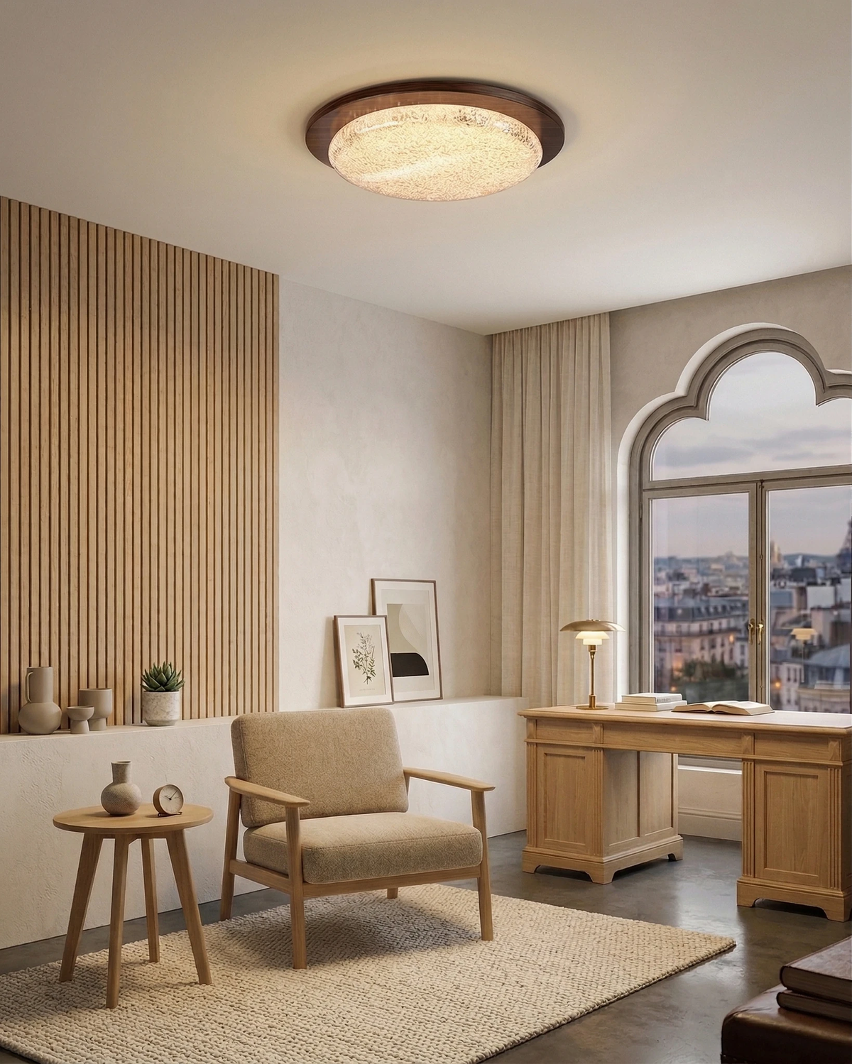 Modern flush mount ceiling light NIVE No.01 lit in a home office with a wood desk, armchair and arched window