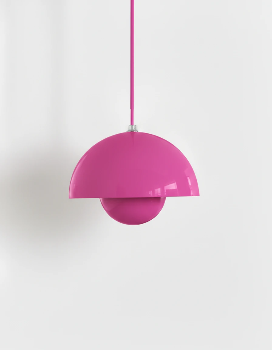 Modern pendant light ALTO No.01, medium 9 in, acid pink lacquer, nested hemisphere shade on a pink cord