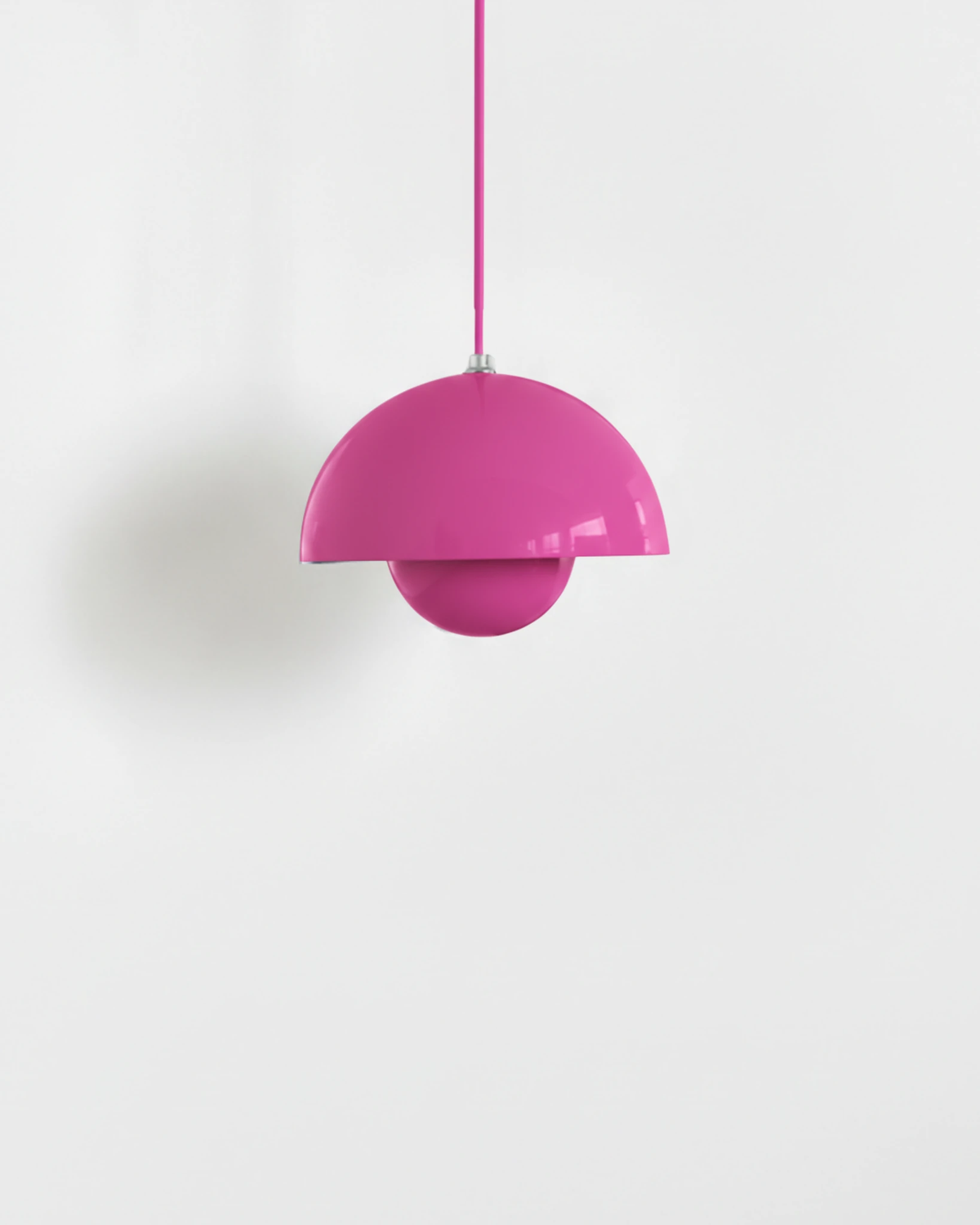 Small 6 in modern pendant light ALTO No.01 in acid pink lacquer, flowerpot shade on a pink cord