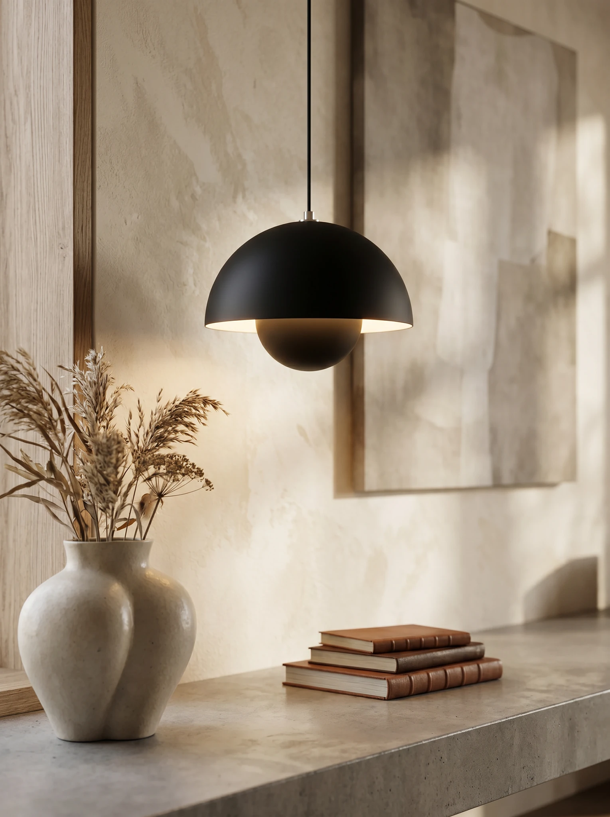 Modern pendant light ALTO No.01 in volcano black hanging above a console with a vase and stacked books
