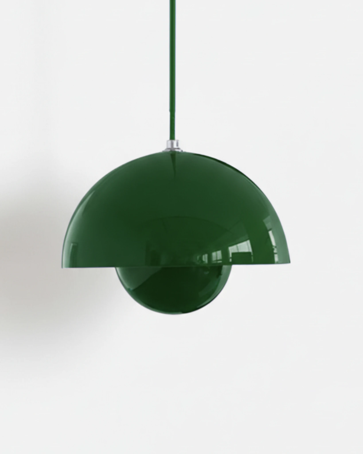 Large 15 in modern pendant light ALTO No.01 in forest green lacquer, flowerpot silhouette, front view