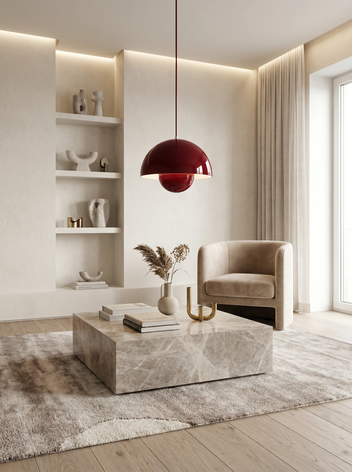 Modern pendant light ALTO No.01 in bordeaux hanging in a bright living room with built-in shelves and a sofa