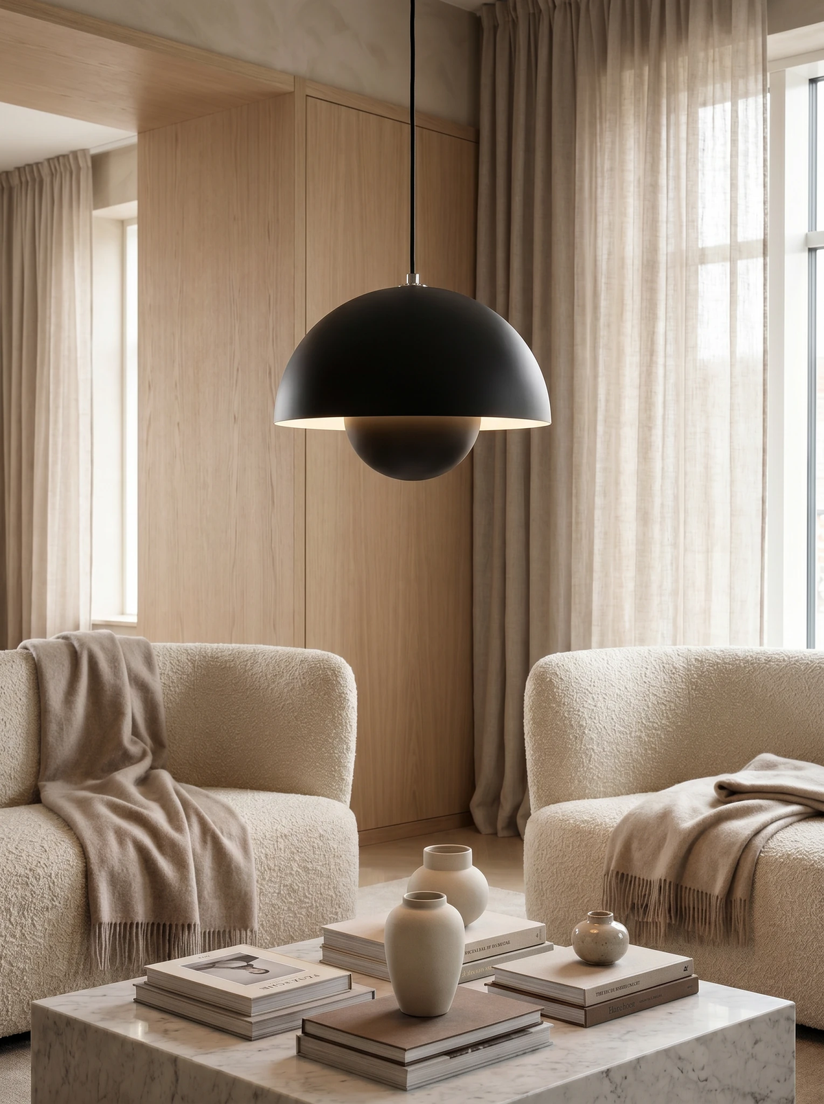 Modern pendant light ALTO No.01 in black hanging above a sofa and coffee table in a sunlit living room