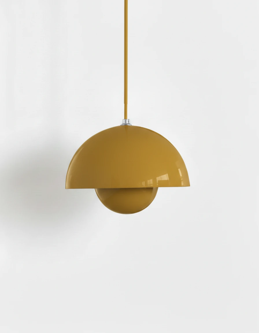 Modern pendant light ALTO No.01, medium 9 in, flowerpot pendant in mustard yellow lacquer, front view