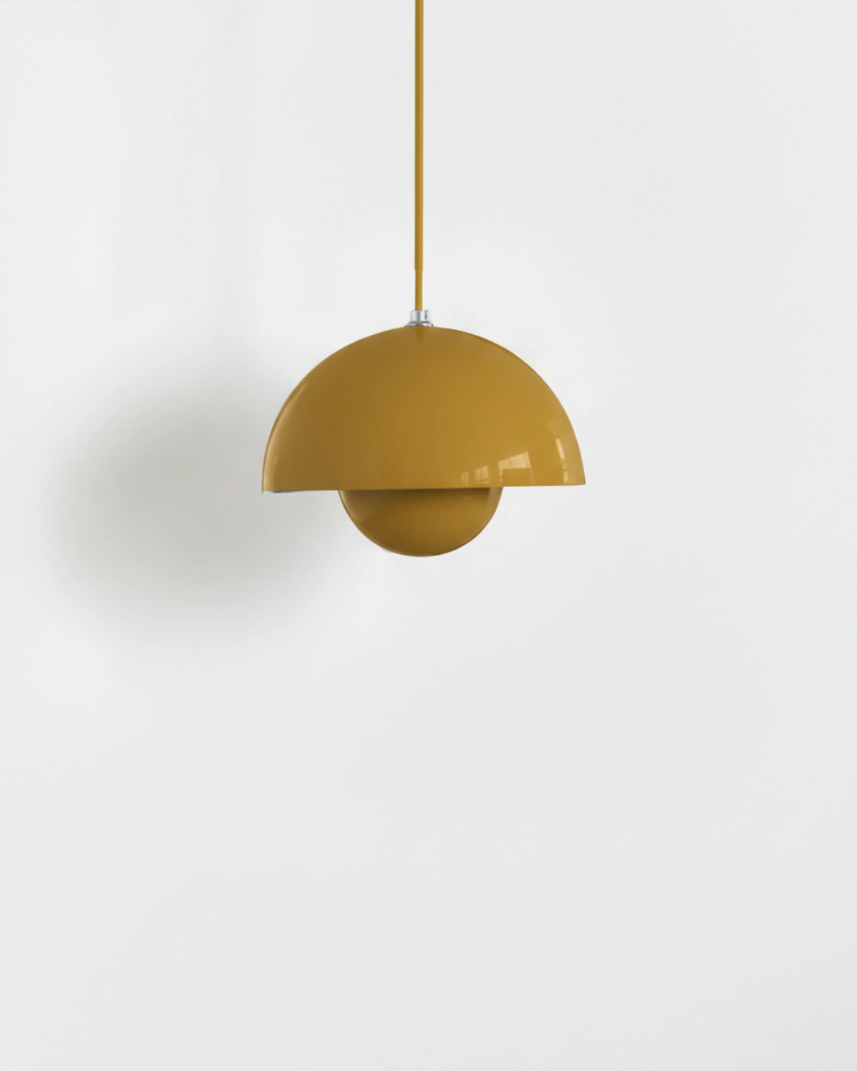 Small 6 in modern pendant light ALTO No.01 in mustard yellow lacquer, nested hemisphere shade, unlit