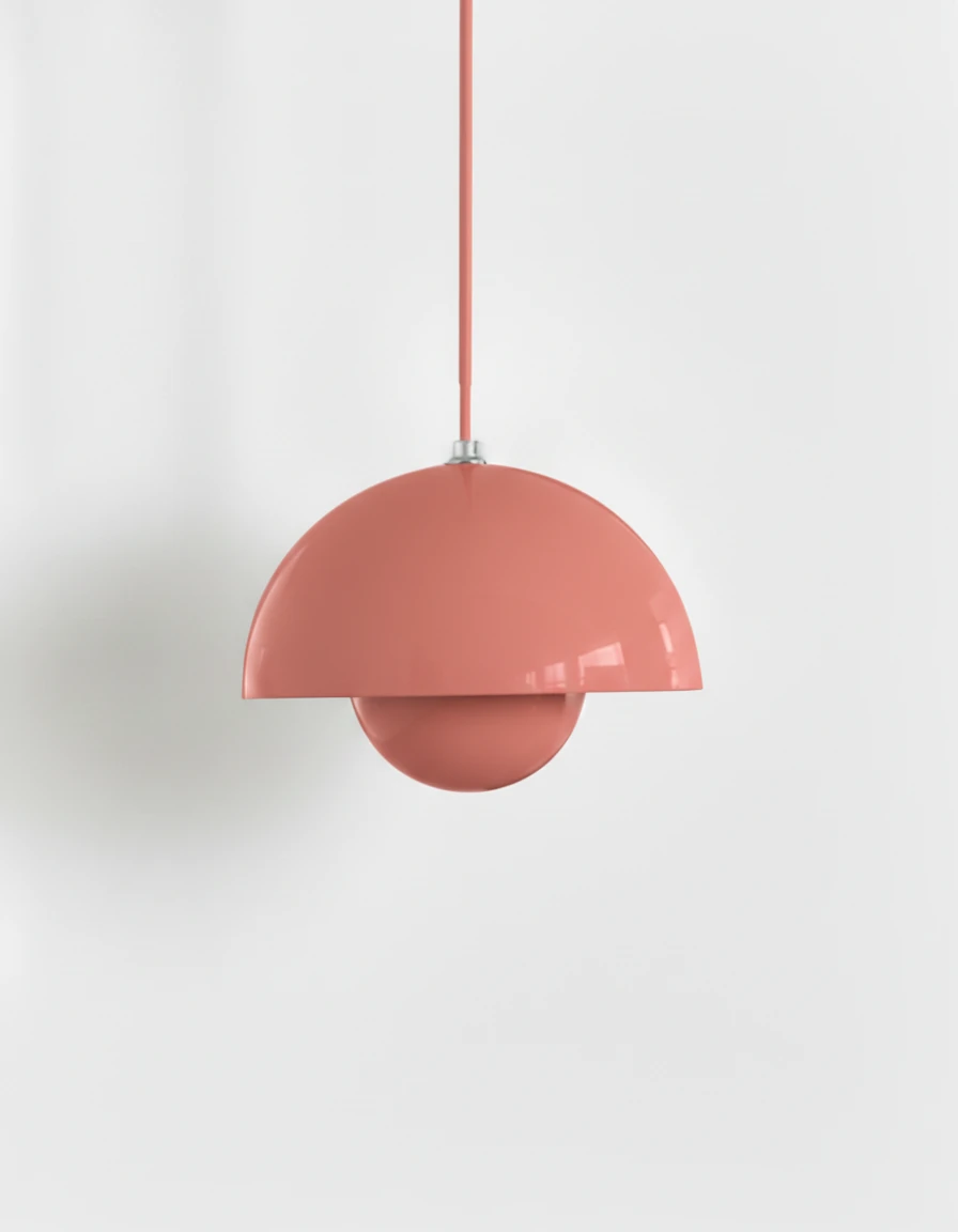 Modern pendant light ALTO No.01, medium 9 in, salmon pink lacquer, hemisphere shade with a pink cord