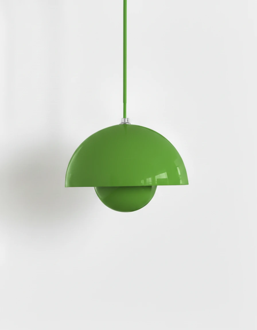 Modern pendant light ALTO No.01, medium 9 in, bright signal green lacquer with a matching green cord
