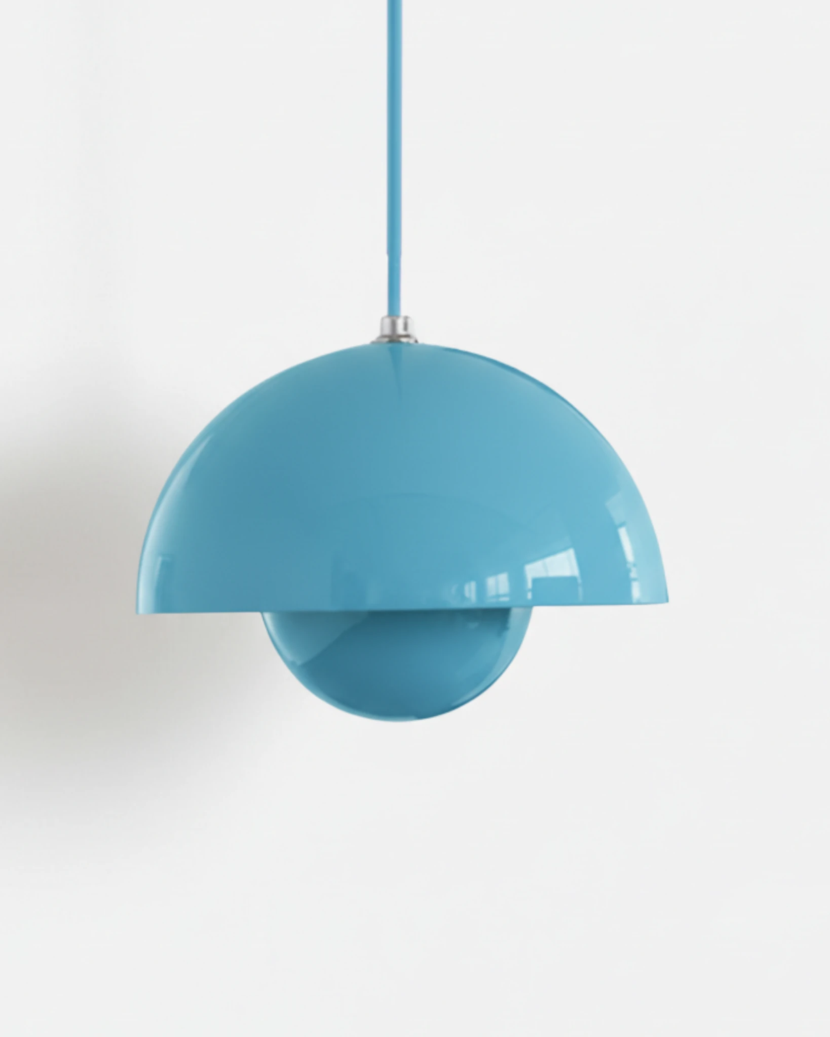Large 15 in modern pendant light ALTO No.01 in sky blue lacquer with matching cord, studio packshot