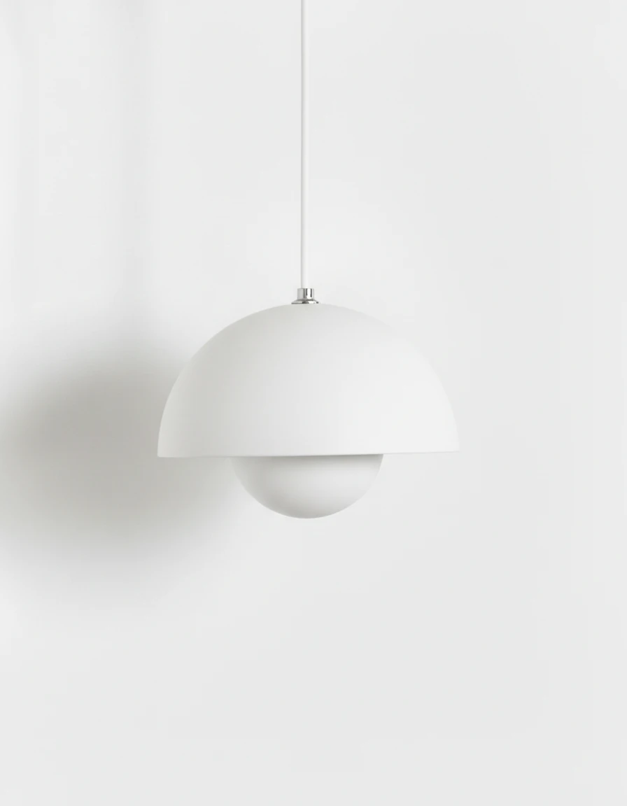 Modern pendant light ALTO No.01, medium 9 in, flowerpot shade in soft white lacquer with a white cord