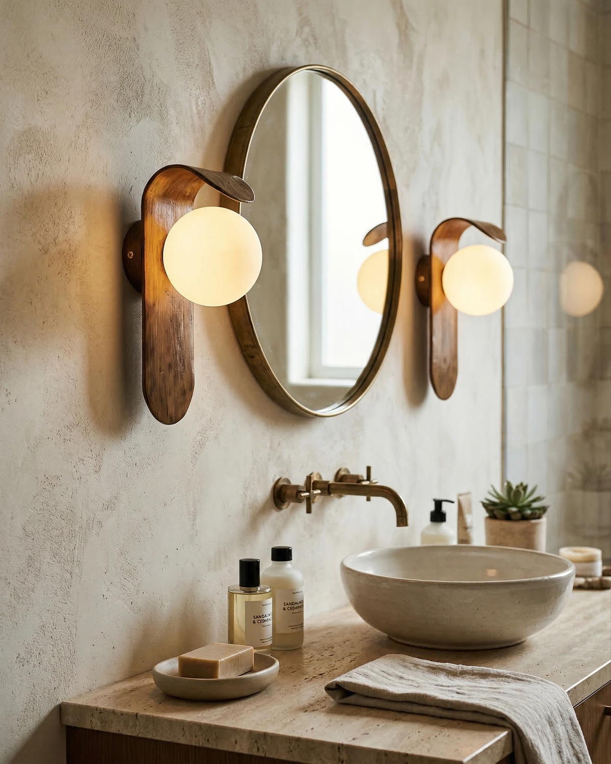 Two modern wall sconces ANIMA No.02 lit either side of a round mirror above a bathroom vanity with a vessel sink