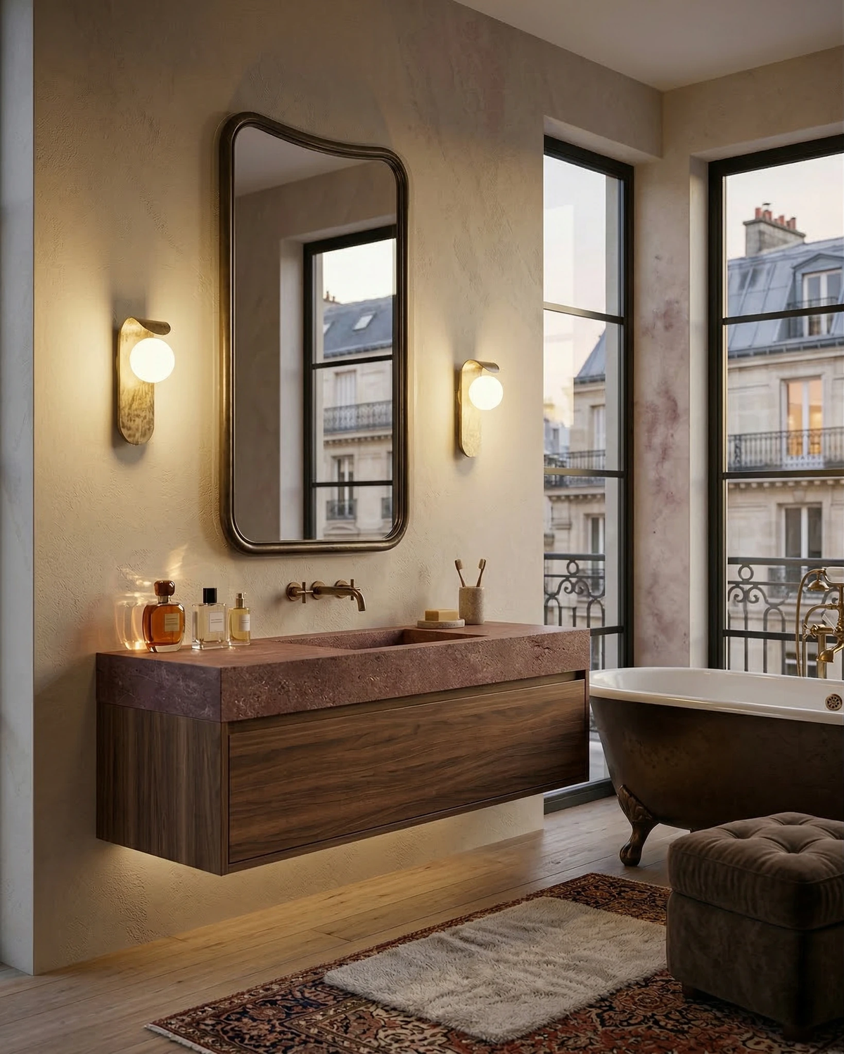 Modern wall sconces ANIMA No.02 lit beside a mirror over a floating walnut vanity with a bathtub behind