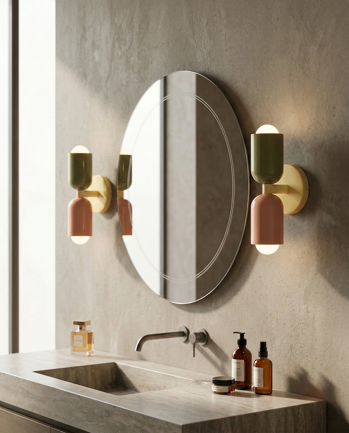 Two modern wall sconces MURO No.02 in sage and pink flanking a round mirror over a stone bathroom vanity, lit