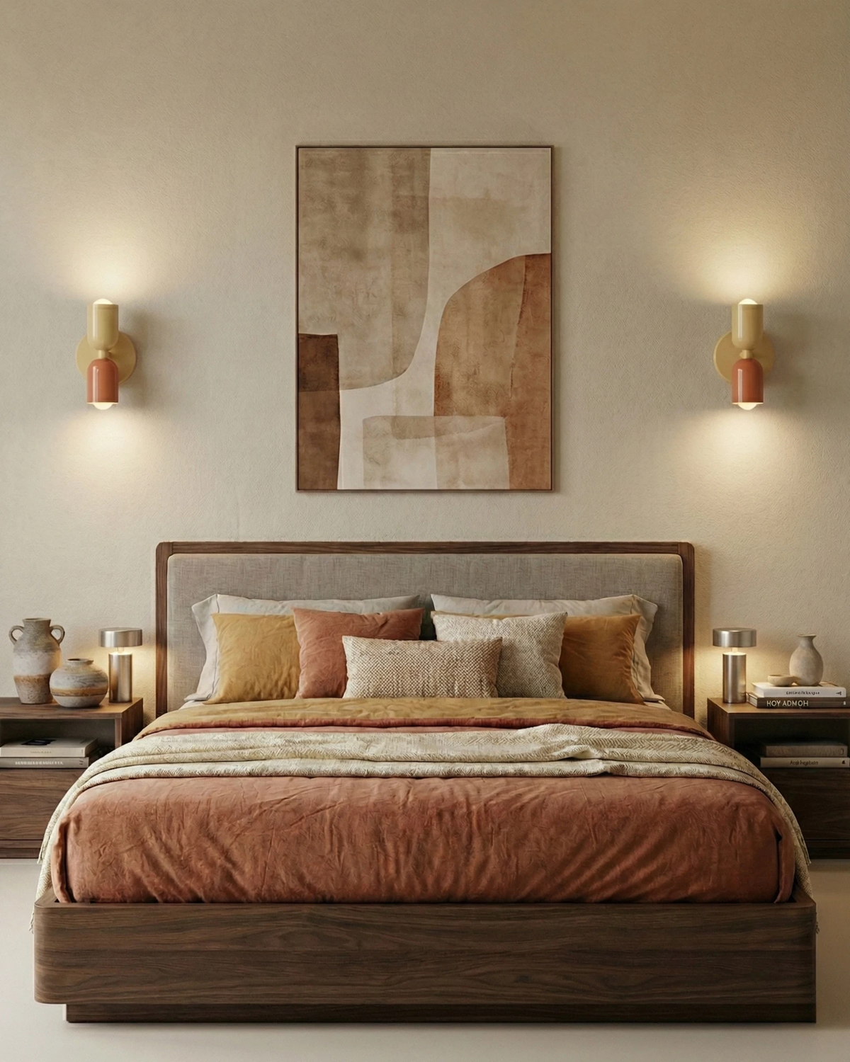 Two modern wall sconces MURO No.02 in sand and pink flanking abstract art above a walnut bed, switched on
