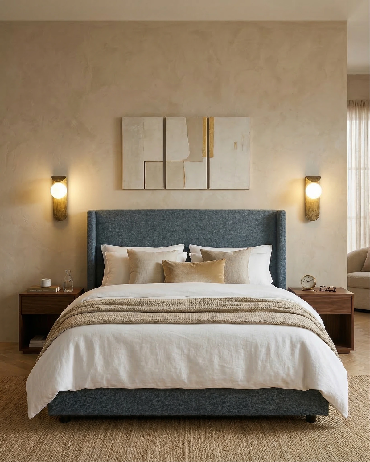 Two modern wall sconces ANIMA No.02 lit on either side of a bed with a blue upholstered headboard