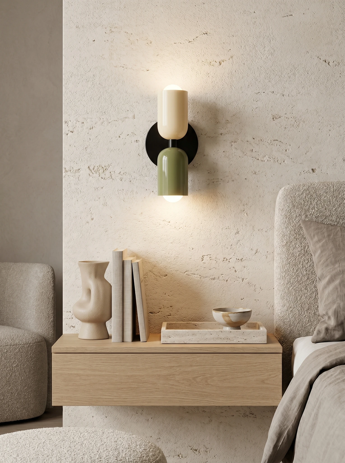 Modern wall sconce TORINO No.01 in beige and green, lit on a stone wall above a light oak floating nightstand