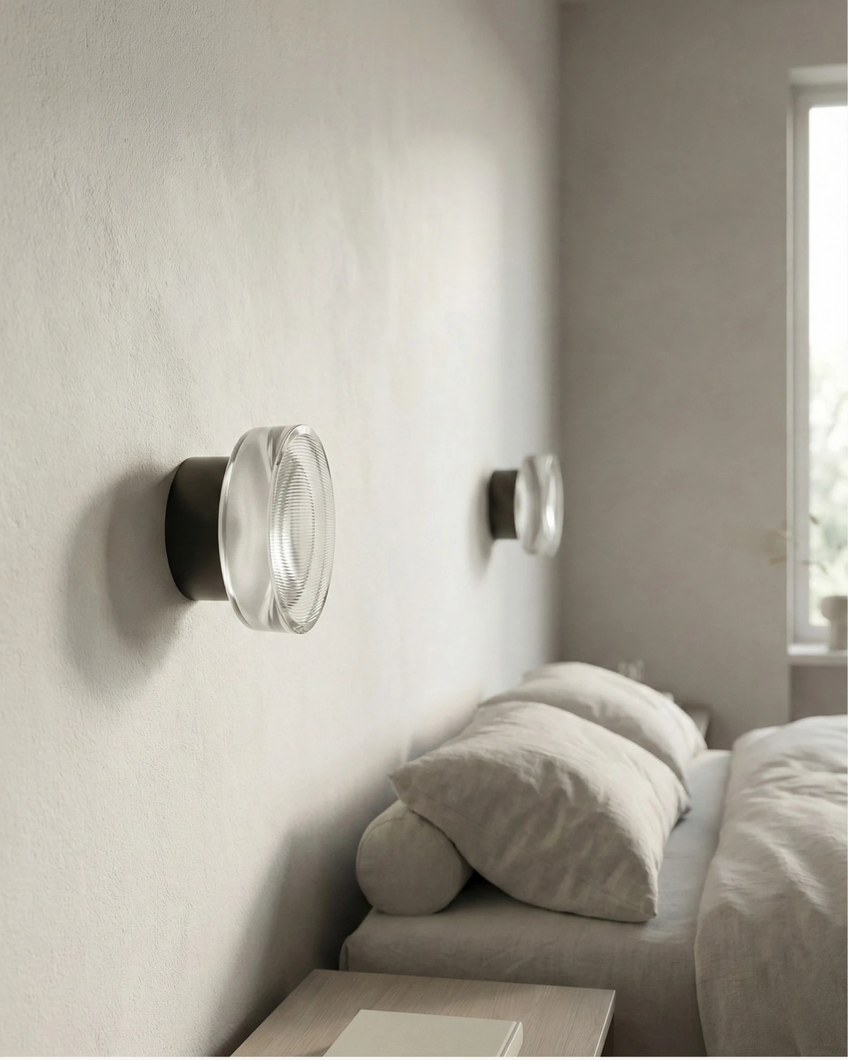 Two modern wall sconces OBLI No.01 in matte black on a white wall above a bed with white pillows