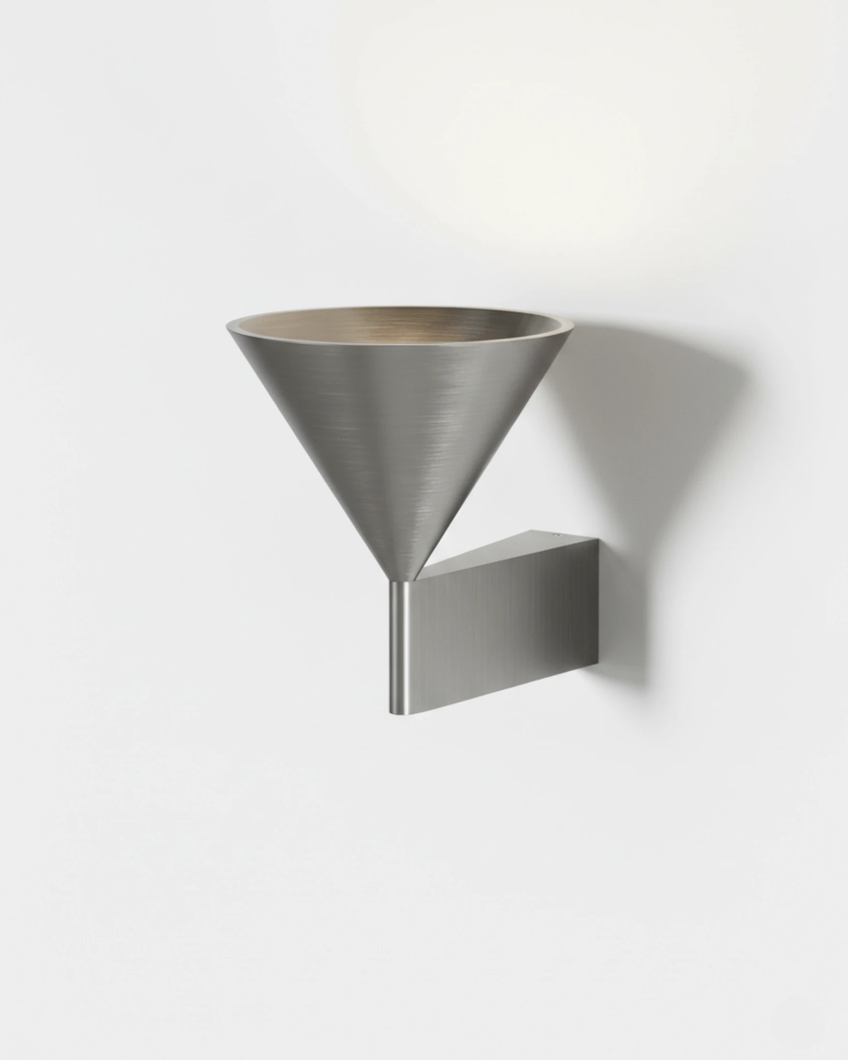 Modern wall sconce ETNA No.01, brushed aluminum cone uplight on a flat aluminum bracket, unlit