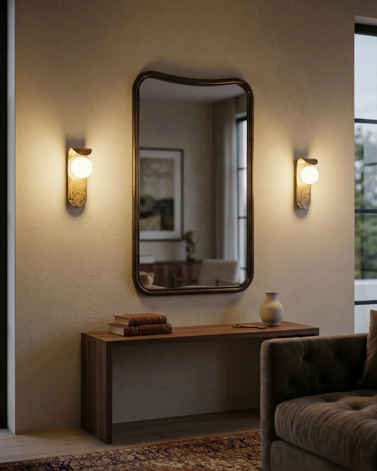 Two modern wall sconces ANIMA No.02 lit flanking a tall mirror above a wooden console with a sofa nearby