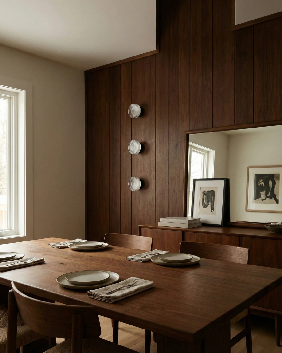 Three modern wall sconces OBLI No.01 unlit on a walnut wall above a sideboard beside a wooden dining table