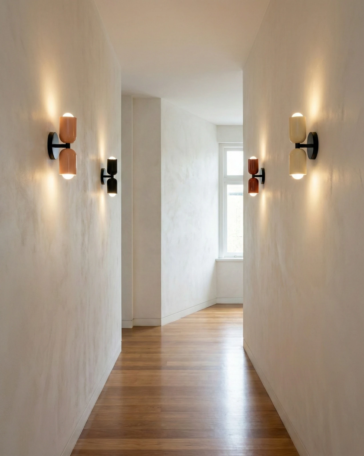 Four modern wall sconces TORINO No.01 in assorted colors switched on along both walls of a hallway with wood floors