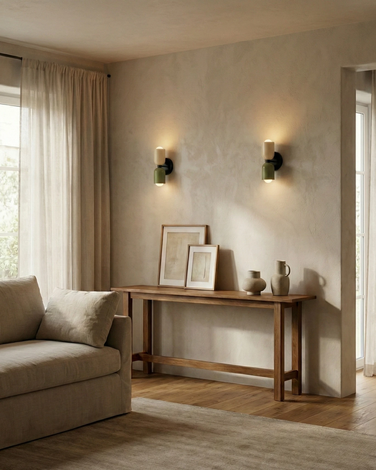 Two modern wall sconces TORINO No.01 in beige and green lit above a wooden console table in a sunlit living room