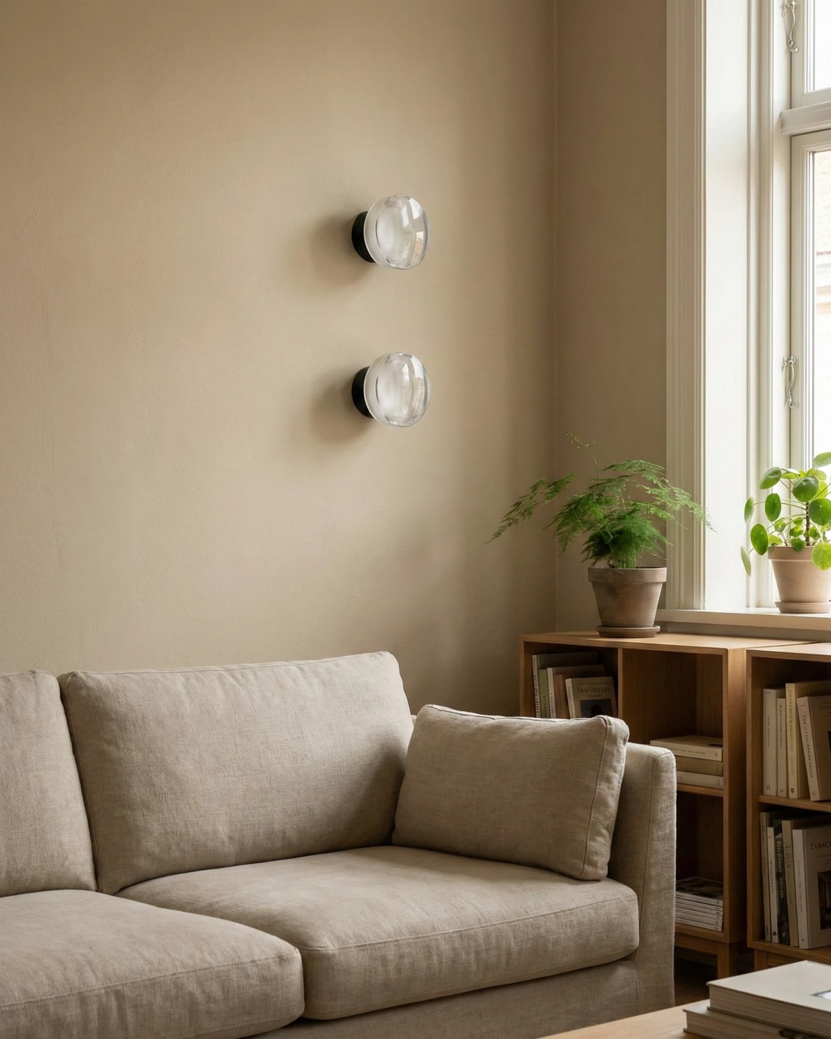 Two modern wall sconces OBLI No.01 mounted one above the other on a cream wall behind a beige linen sofa