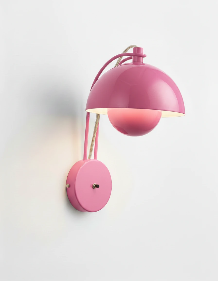 Modern wall sconce CRETA No.01 in Powder Pink, glossy pink nested domes held by two slim rods on a disc backplate