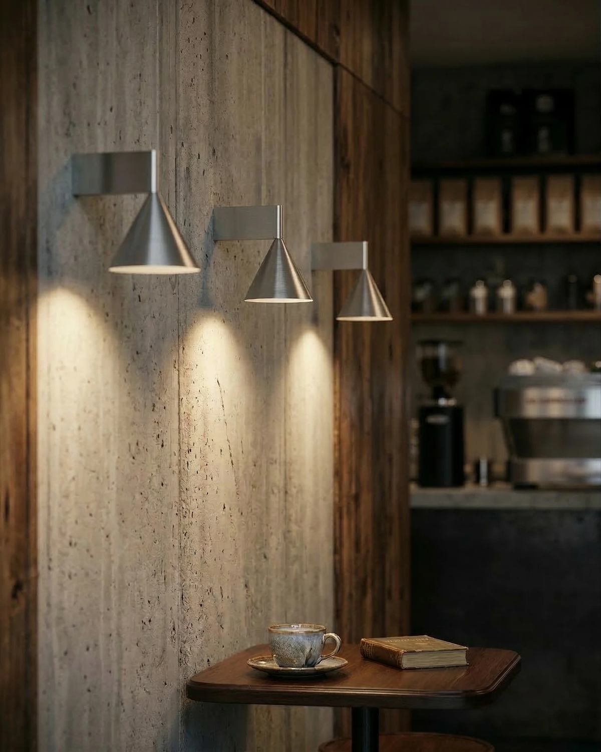 Three modern wall sconces ETNA No.01 in aluminum lit along a wood wall in a cafe with a small table