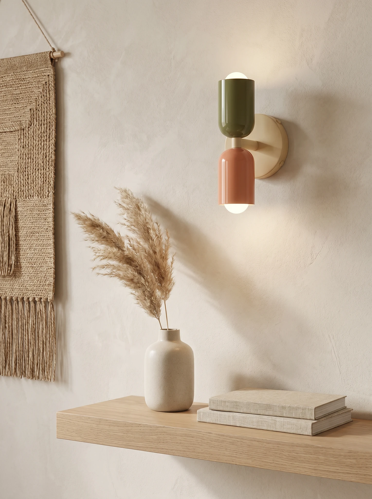 Modern wall sconce MURO No.02 in sage and pink, switched on above a floating oak shelf with a vase and macrame hanging