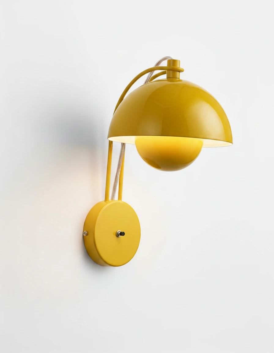 Modern wall sconce CRETA No.01 in Sun Yellow, bright lacquered nested domes on twin rods and a round plate