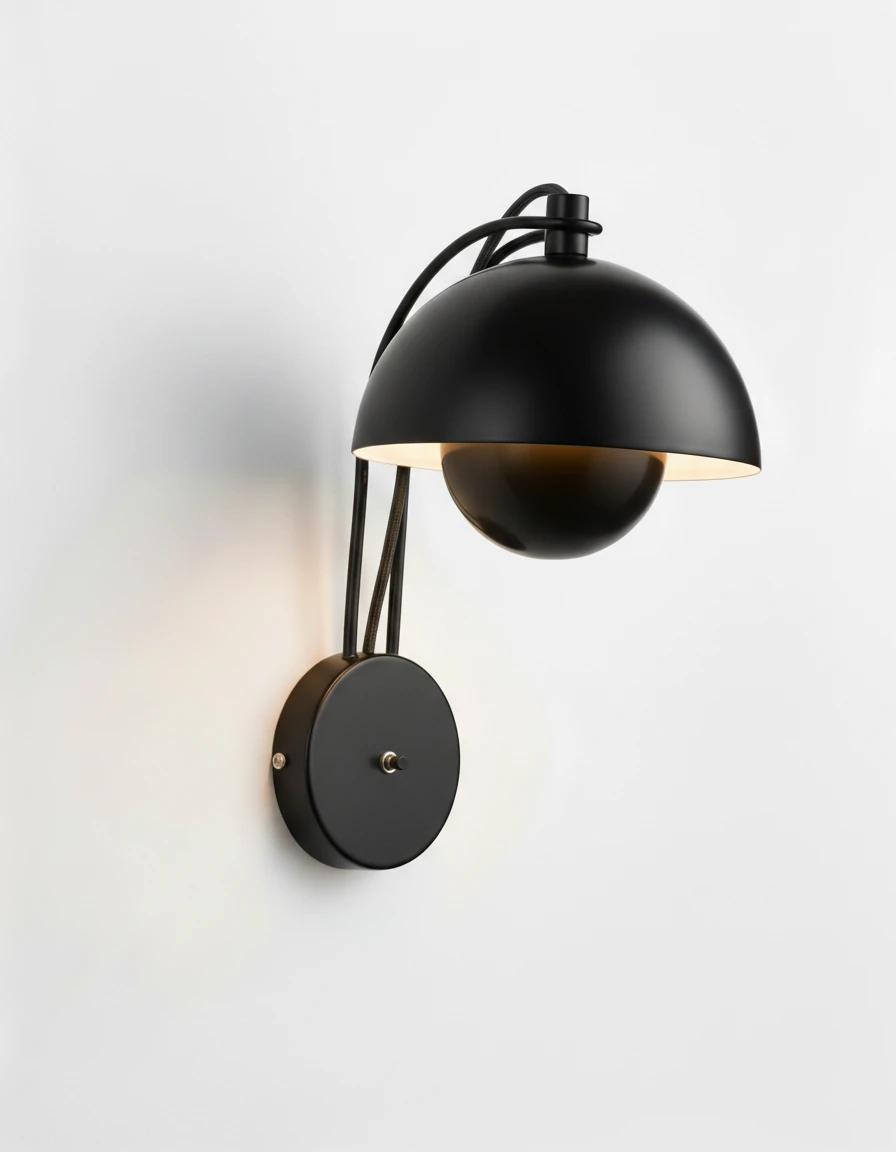 Modern wall sconce CRETA No.01 in Volcano Black, matte black mushroom dome with a nested inner dome and backplate