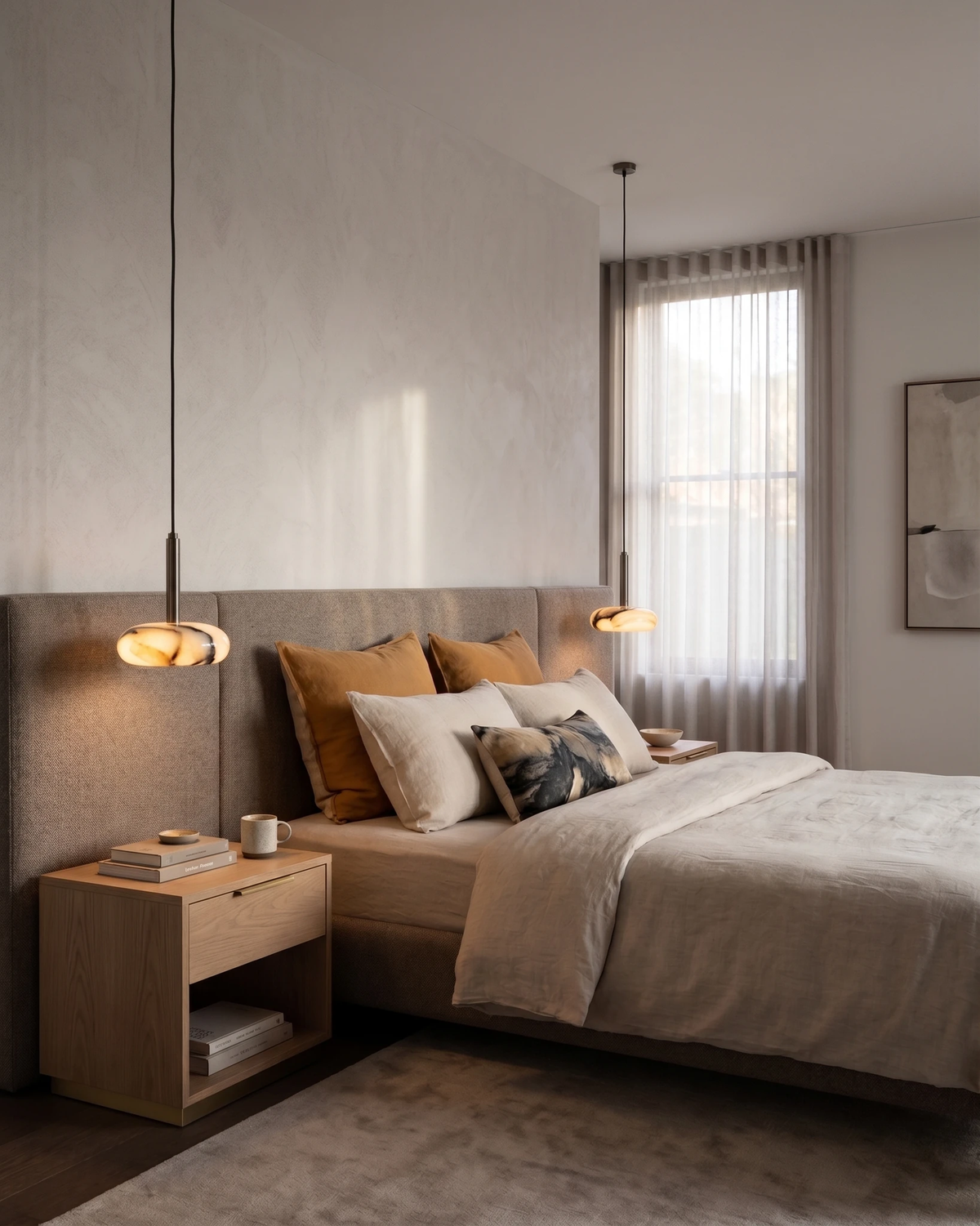 Two onyx pendant lights TIBER No.01 lit on each side of a gray upholstered bed with mustard and cream pillows