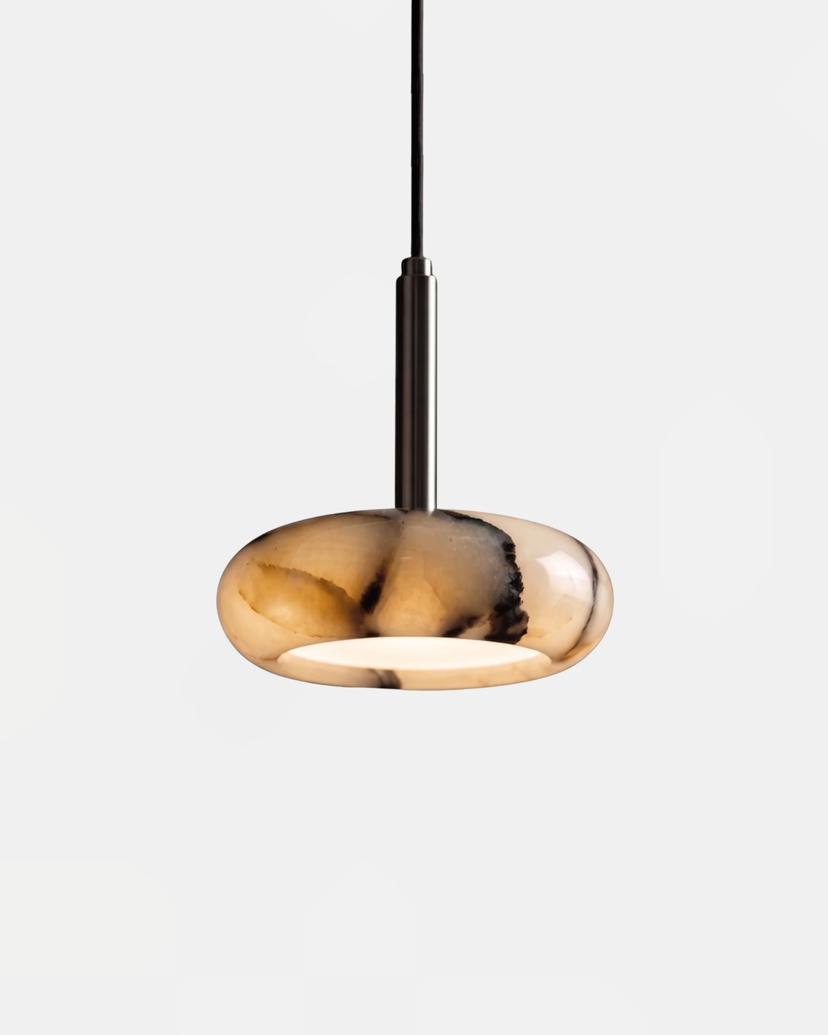 Onyx pendant light TIBER No.01 Single in Veined Marble, glowing onyx saucer hung from a slim pearl-black steel stem