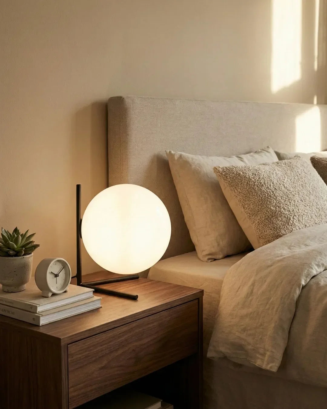 Opal globe table lamp ARIA No.01 lit on a walnut nightstand with books and a clock beside a bed