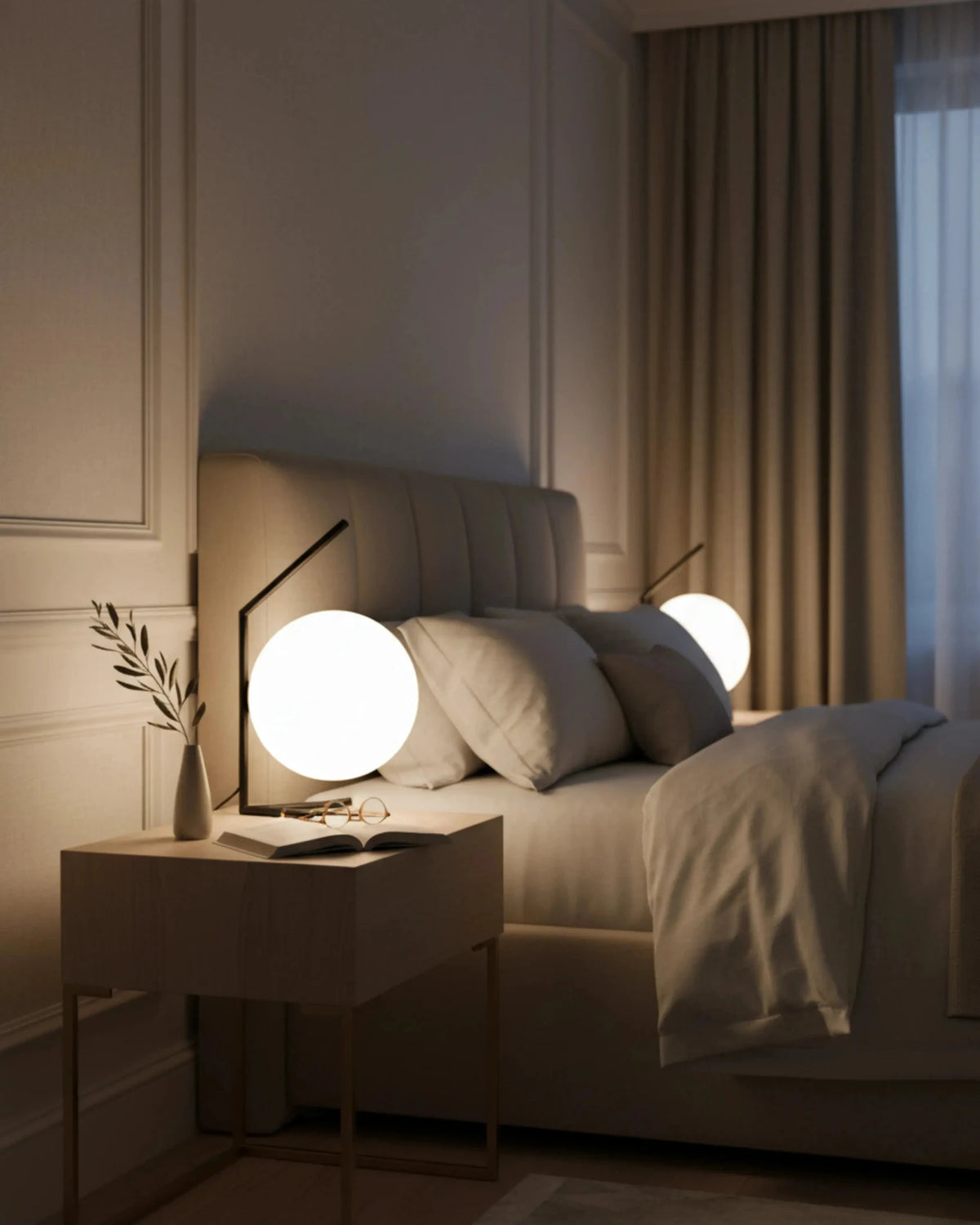Opal globe table lamp ENNA No.01, a lit pair on nightstands either side of an upholstered bed