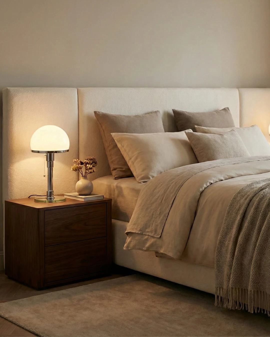 Opal globe table lamp LUMA No.01 lit on a walnut nightstand beside a bed with a cream headboard
