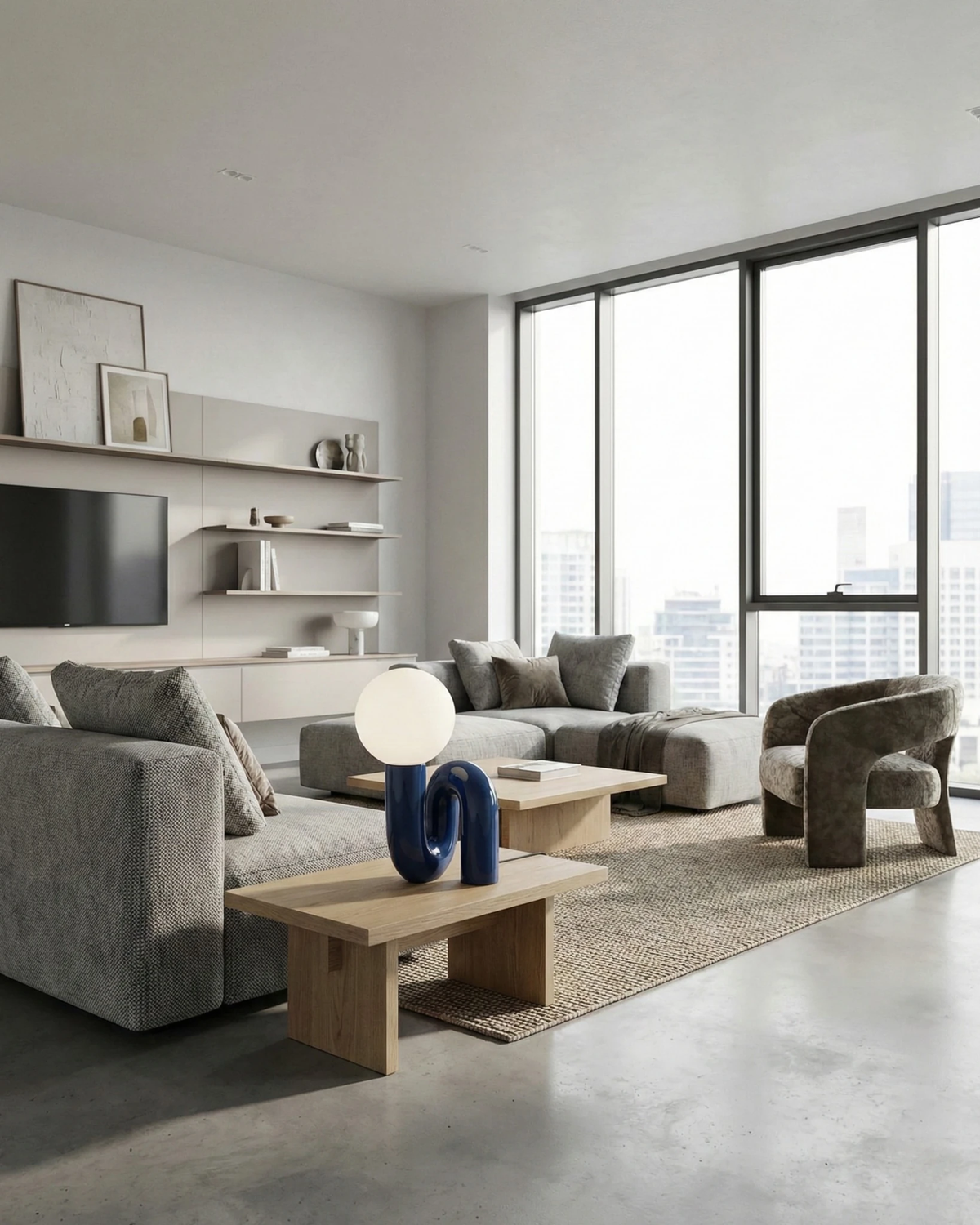 Opal globe table lamp VICO No.01 in french blue lit on a coffee table in a living room with grey sofas
