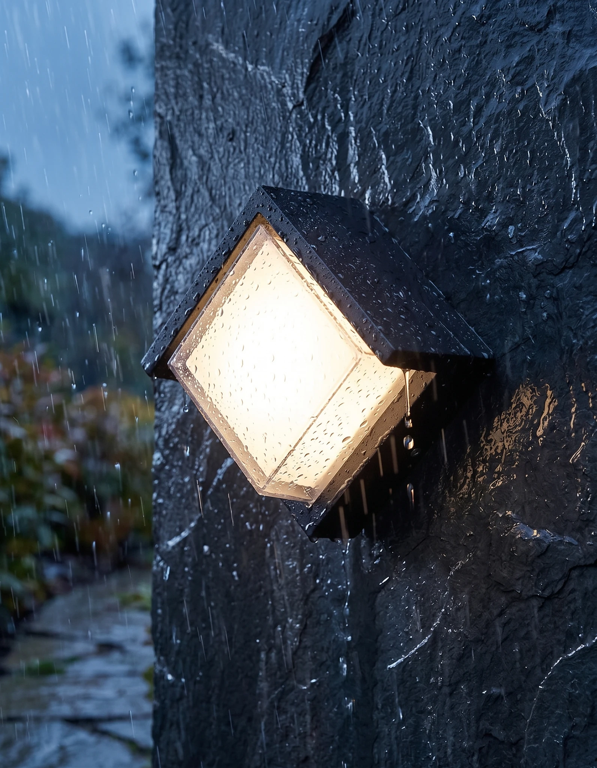 Close-up of the FARA No.02 outdoor wall sconce lit on wet slate, rain drops on the opal diffuser