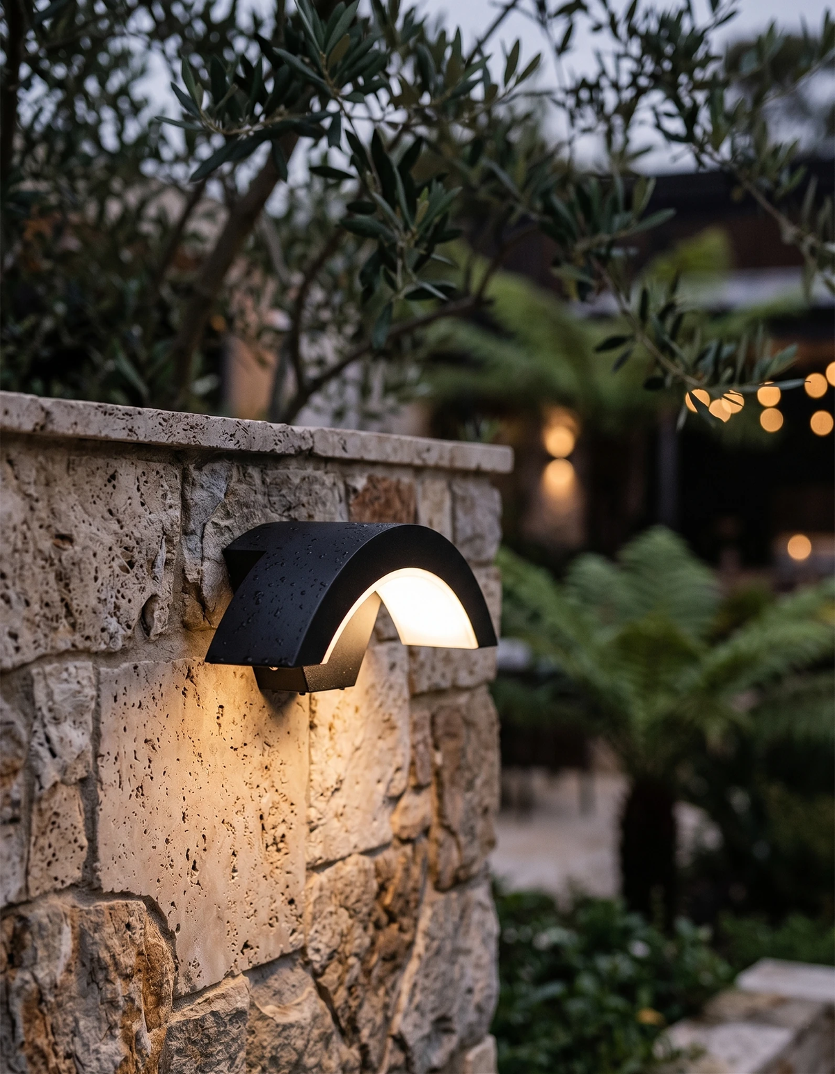 Outdoor wall sconce BALCONE No.01 lit on a rough stone wall with an olive tree and garden beyond