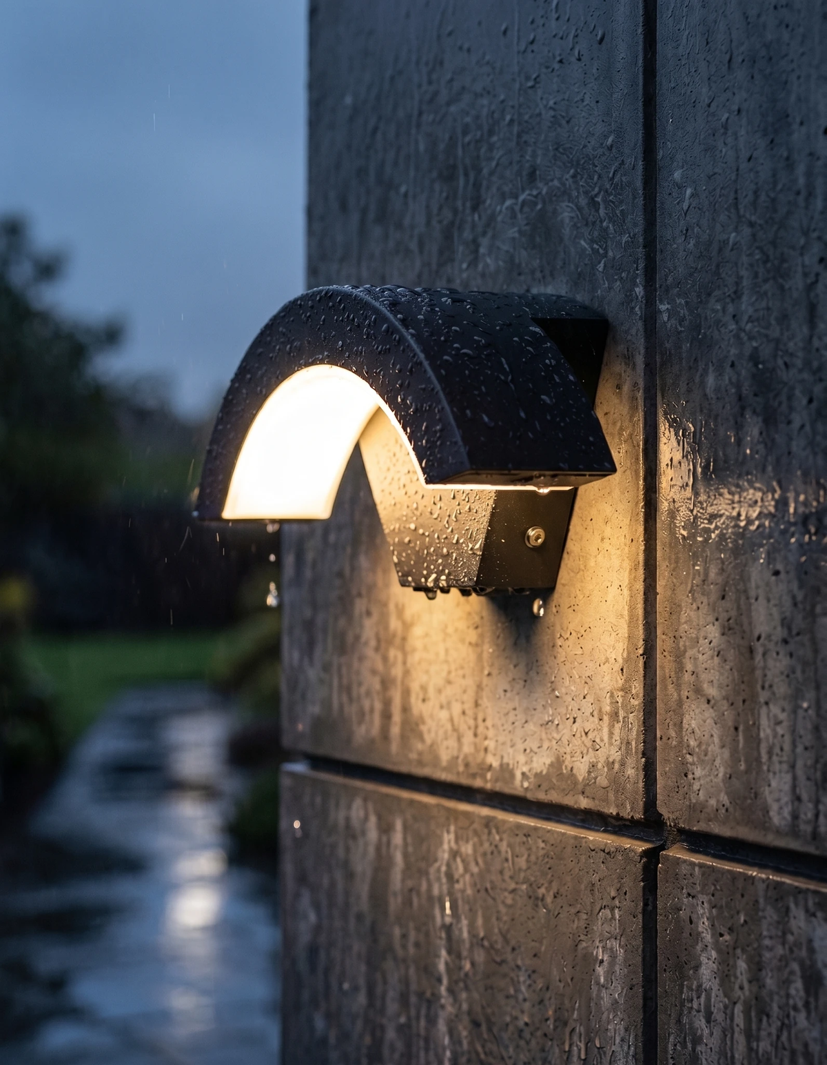 Outdoor wall sconce BALCONE No.01 glowing on a wet dark stone wall in the rain, arch shielding the light