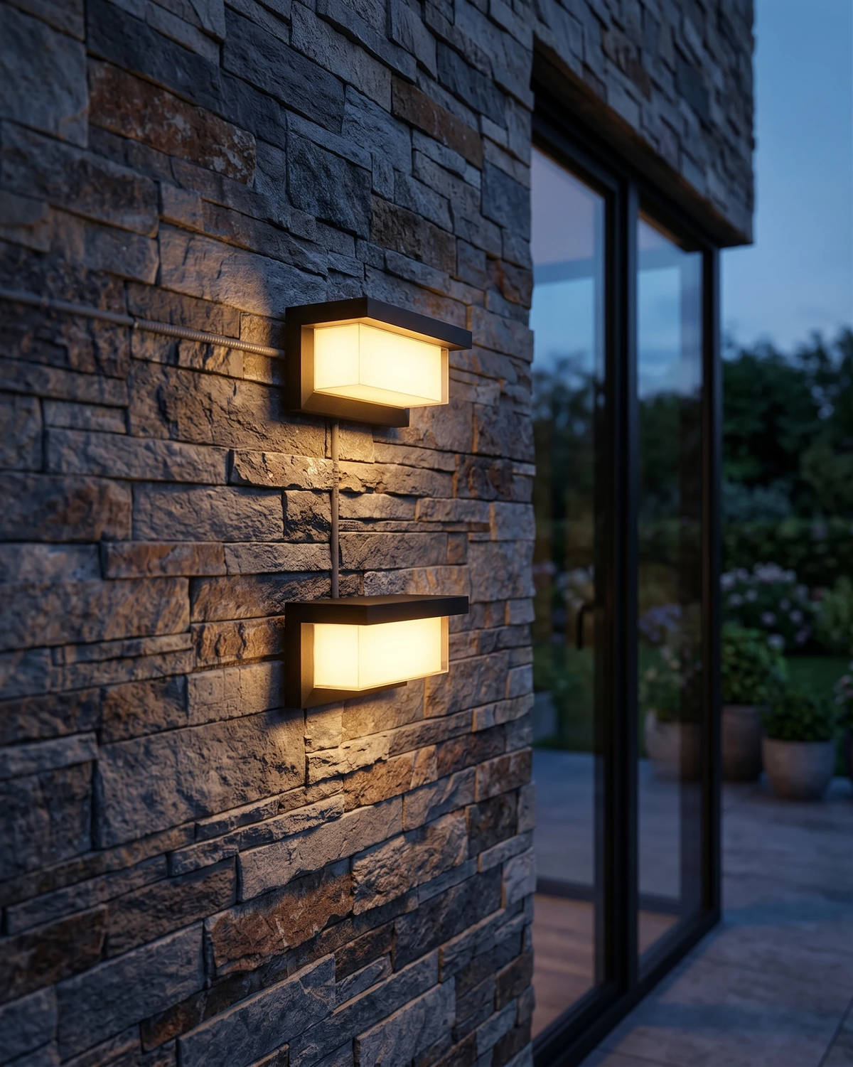 Two outdoor wall sconces BRISA No.01 lit on a stacked stone wall beside a glass door at dusk