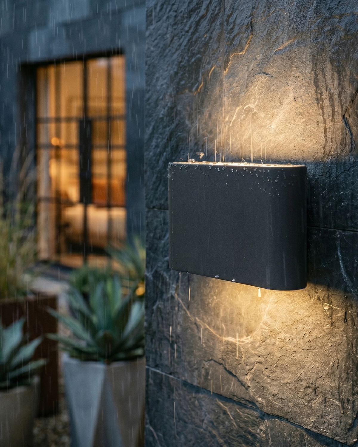 Outdoor wall sconce PISA No.01 in deep black lit on a dark slate facade beside a window and agave plants at dusk