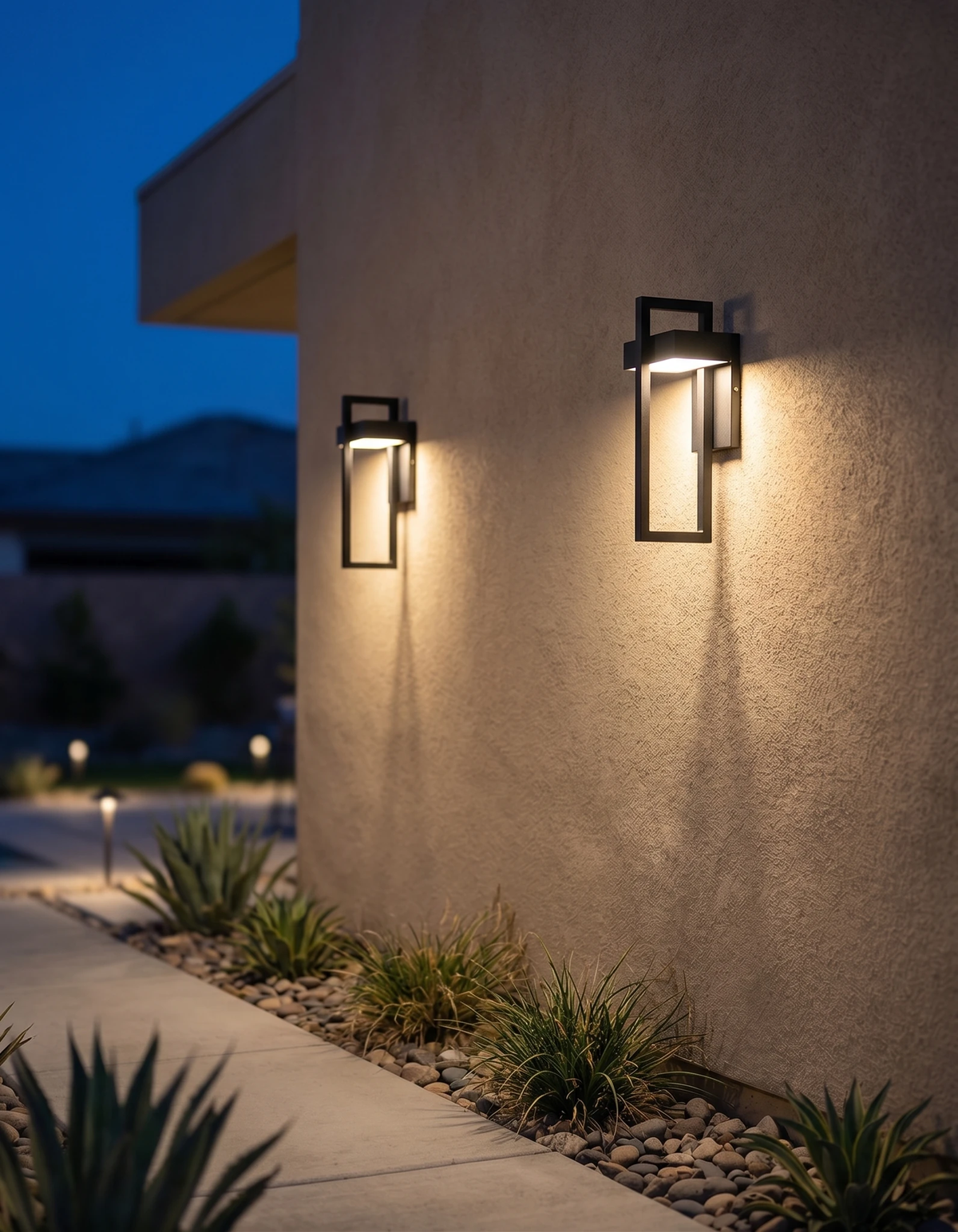 Two outdoor wall sconces FERRO No.01 lit at dusk on a stucco house wall above a gravel path with agave plants