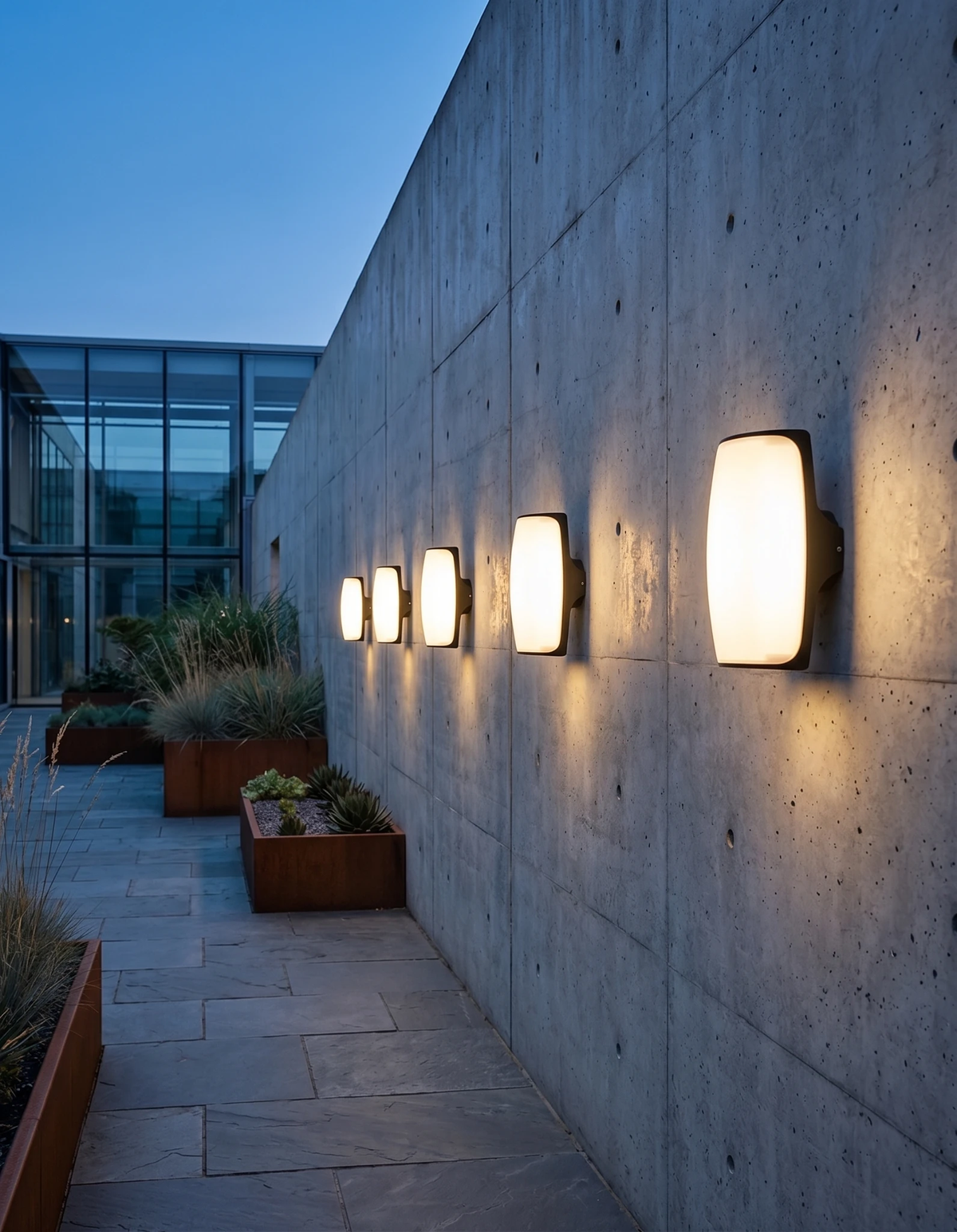 Outdoor wall sconce MAREA No.01, a line of four lit units along a concrete wall beside a paved walkway