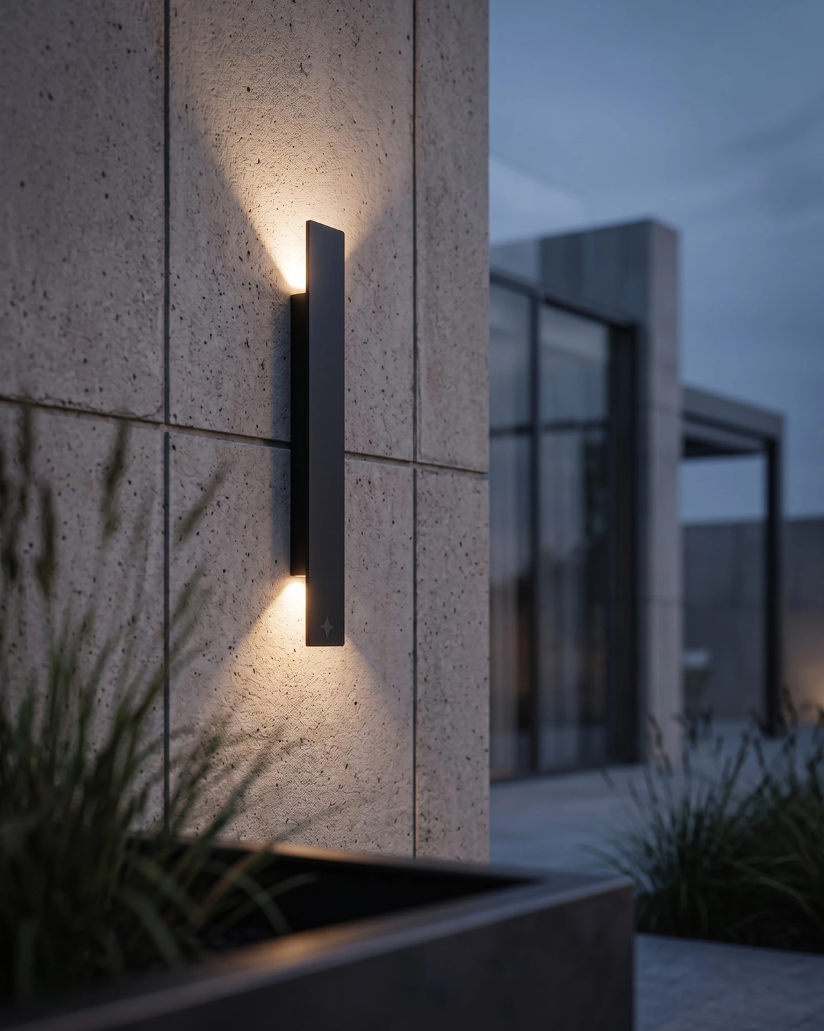 Outdoor wall sconce COLLE No.01 in matte black glowing up and down on a concrete-clad facade at dusk