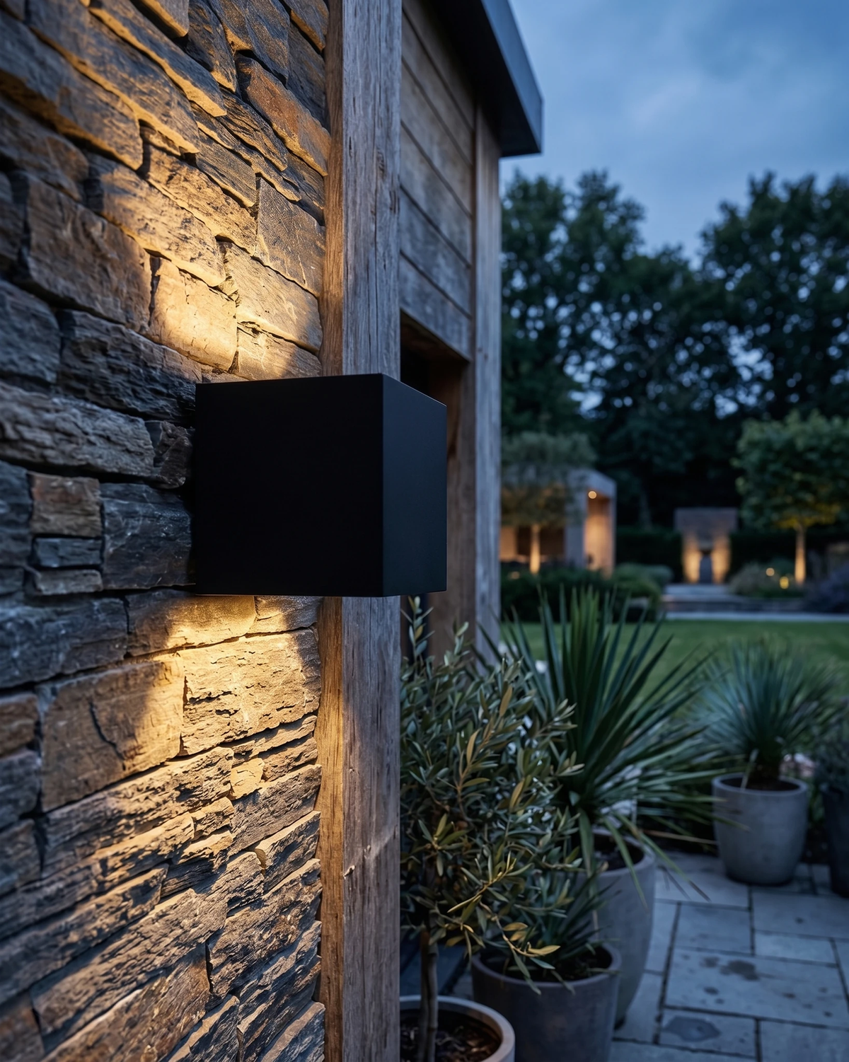 Outdoor wall sconce FARA No.01 in matte black lit on a stacked stone facade with potted plants and a garden