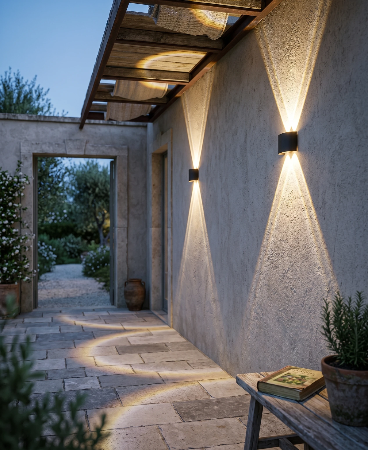 Outdoor wall sconce PALAZZO No.01 in matte black, lit at dusk on a stucco house wall beside a garden path