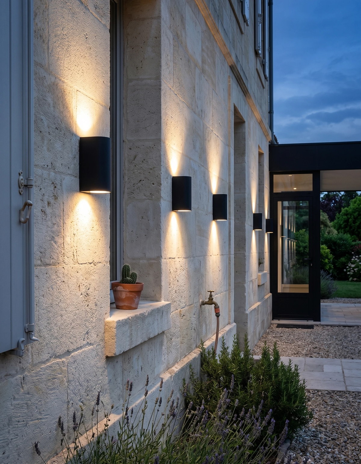 Three outdoor wall sconces NOTO No.01 lit on a stone facade at dusk with lavender along the path