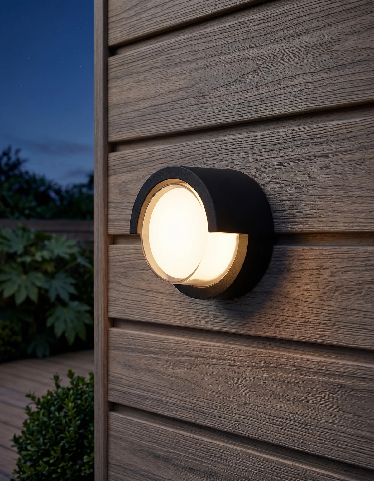 Outdoor wall sconce NOTO No.02, black round porthole light lit on a wood-clad exterior wall at dusk